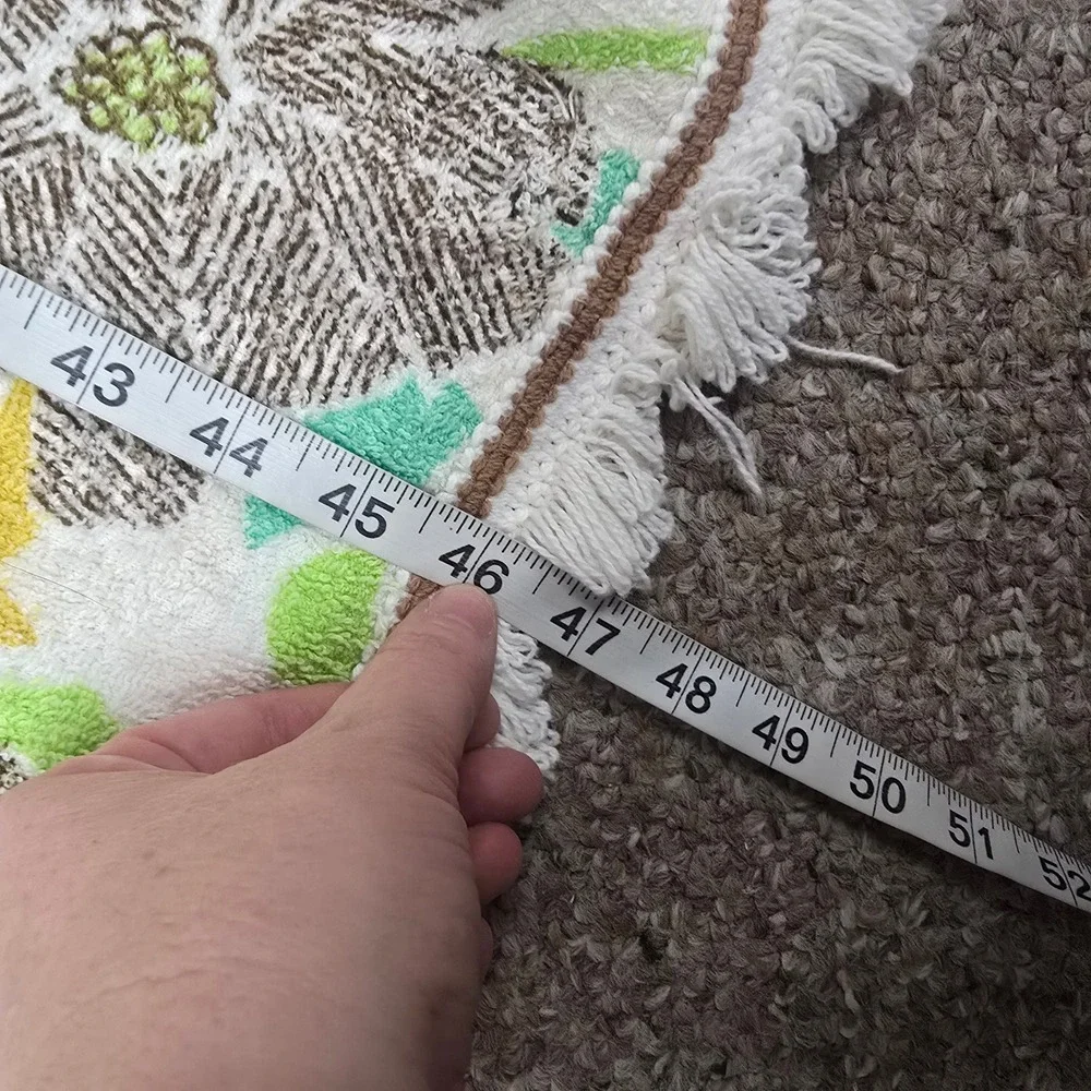 Vintage Floral Terry Cloth Beach Towel Fringe Edge Green Yellow Brown 46x37